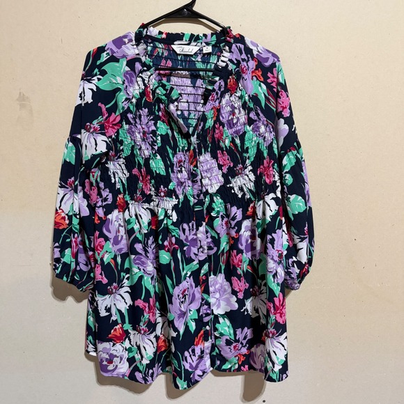 Caffé Marrakesh Tops - Caffe Marrakesh Floral Smocked Tunic Top Navy Purple Green Size M